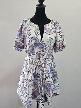 LOFT White Paisley Tie-Waist Linen Blend Mini Dress Size 2{Bx19}